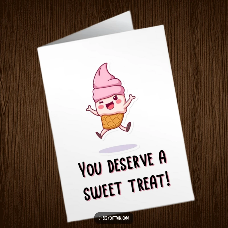 Funny free printable congratulations card featuring a joyful ice cream cone character mid-cartwheel, celebrating success with style.