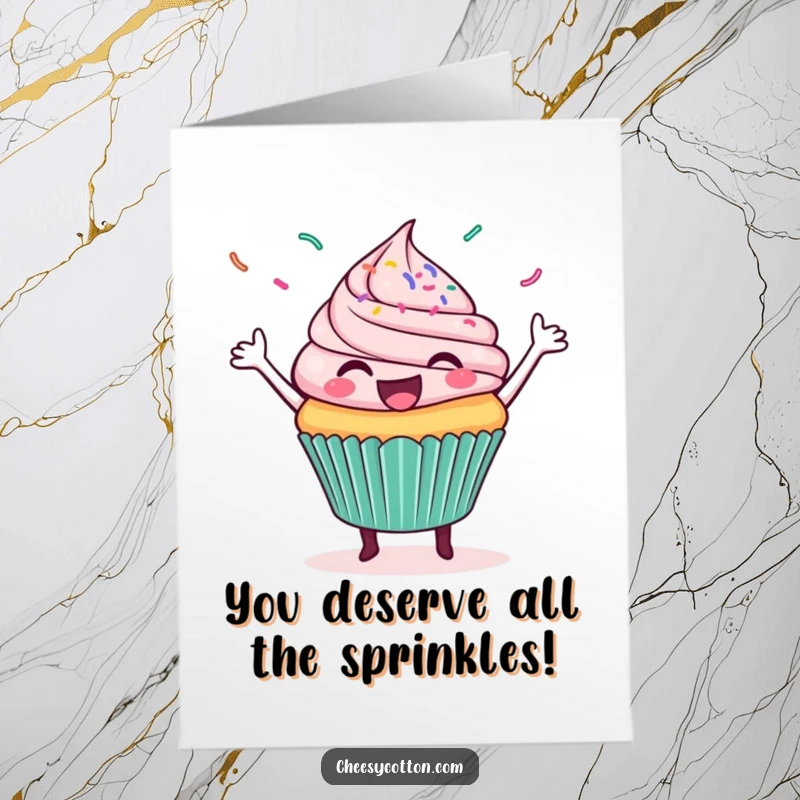 Funny Free Printable Congratulations Card featuring a delighted cupcake in a celebratory dance, showering confetti-like sprinkles for a joyous occasion.