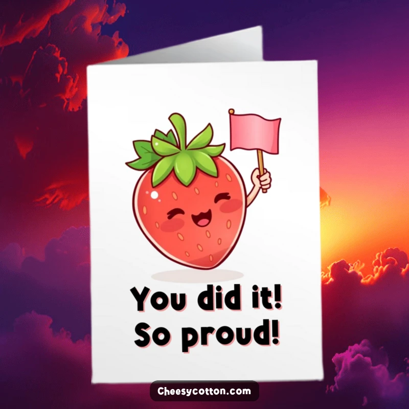 Funny Free Printable congratulations card showing a cute strawberry character enthusiastically waving a tiny flag.