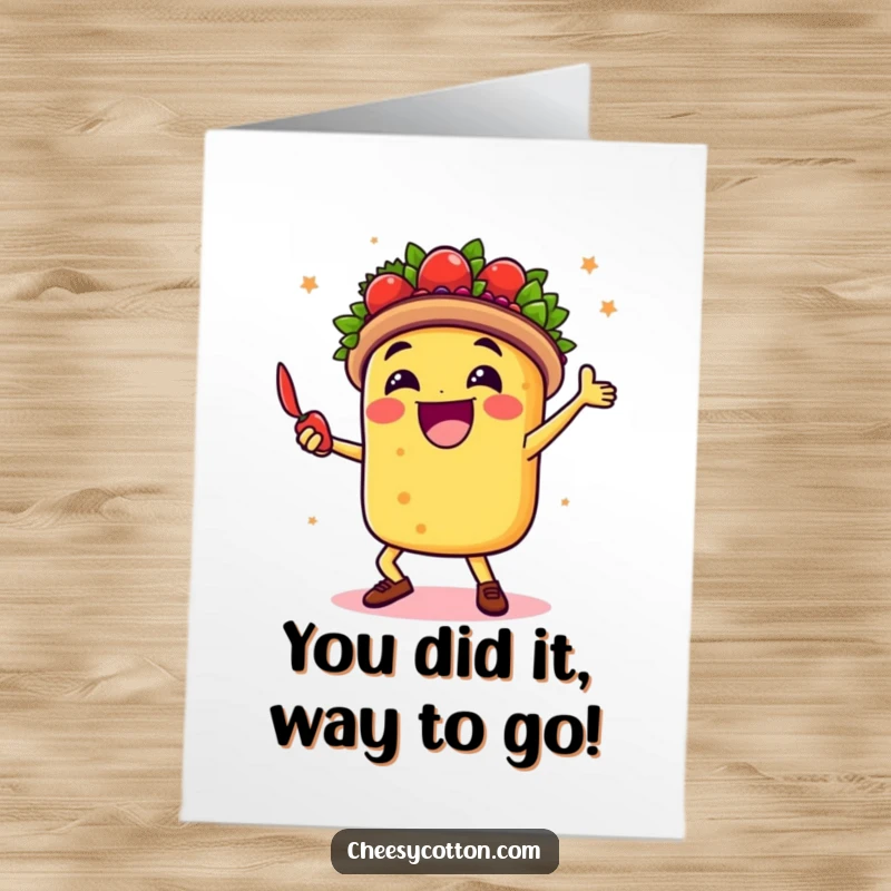 Funny Free Printable Congrats Card: A happy taco doing a jubilant dance, cheering with a chili pepper pal.