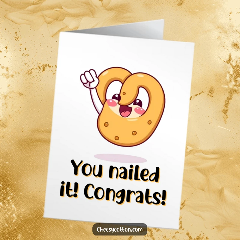 Funny Free Printable Congratulations Card showing a jubilant pretzel doing a fist pump, celebrating success with a humorous, energetic pose.