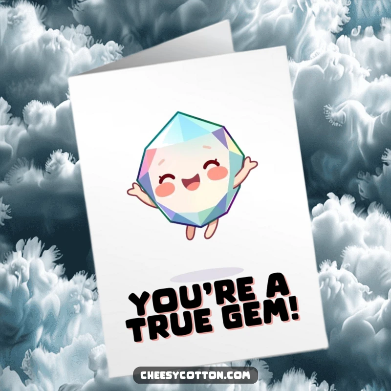 Funny Free Printable Gem Congratulations Card with a giggling character bouncing joyfully, celebrating a brilliant success.