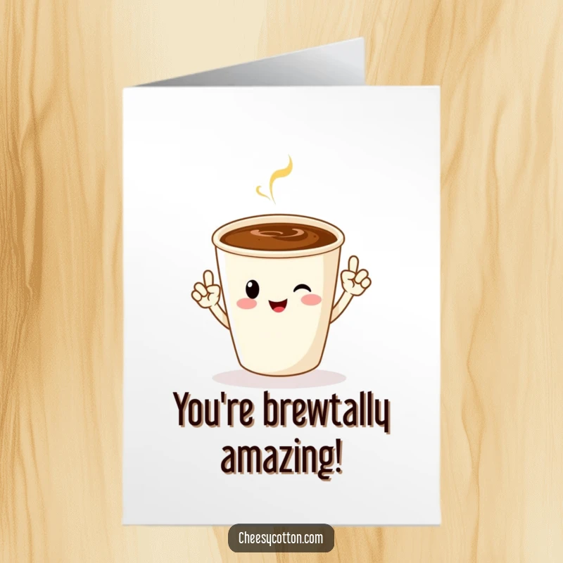Funny Free Printable Congratulations Card: An energetic coffee cup character performs jazz hands, celebrating your win.