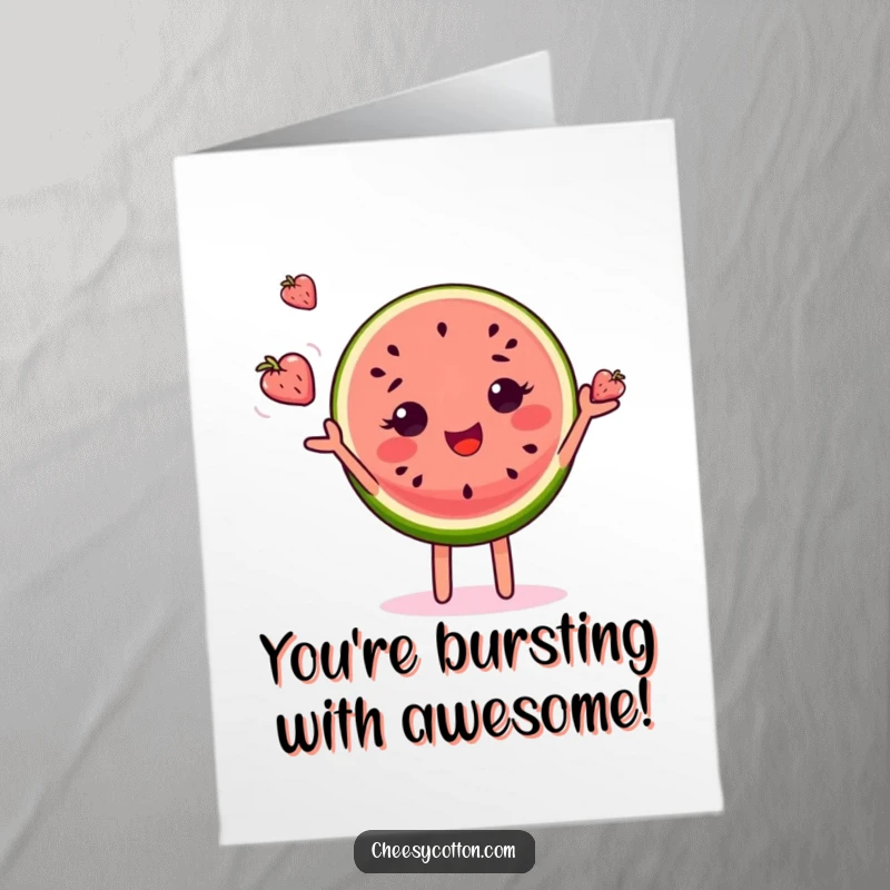 Free Printable Congratulations Card showing a happy watermelon character energetically juggling various small fruits with a proud expression.