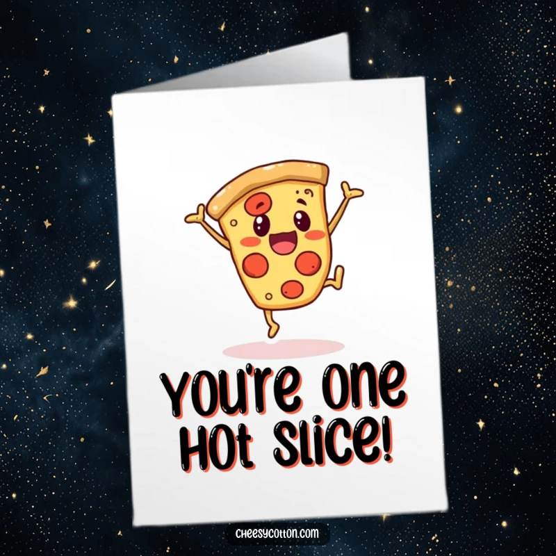 Funny Free Printable Pizza Congratulations Card with a cheerful slice doing a cartwheel, celebrating a great achievement.