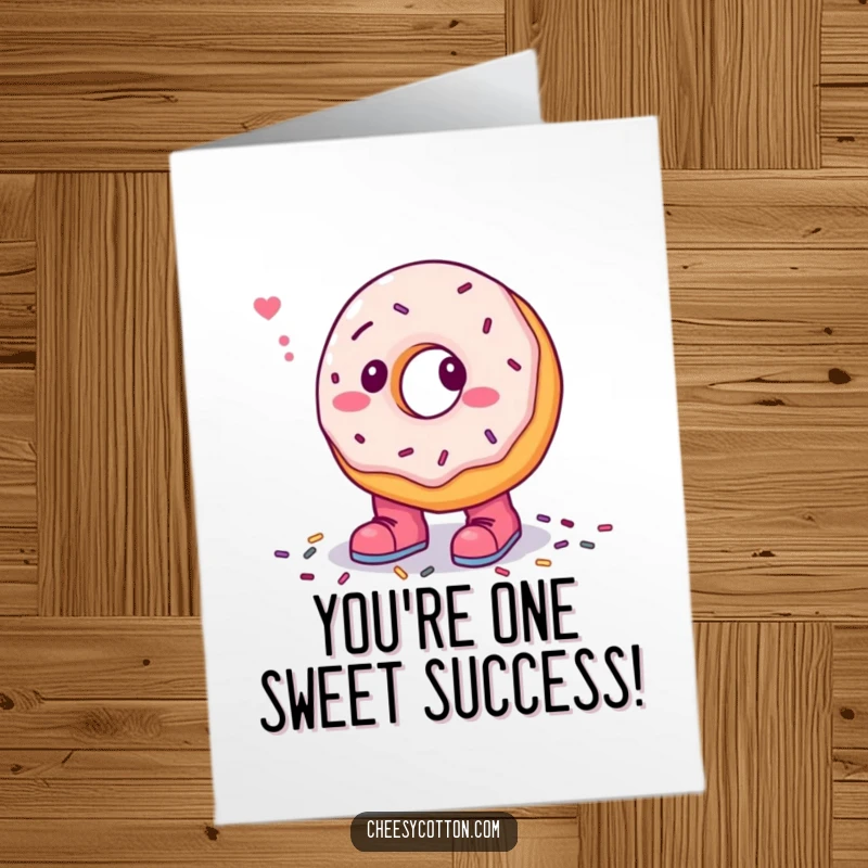 Funny Free Printable Congratulations Card: Confused donut character in small boots looking surprised by sprinkles underfoot.