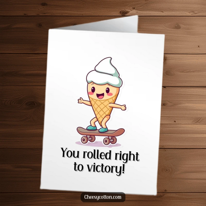 Funny Free Printable Congratulations Card: A happy ice cream cone character cruising along on a skateboard.