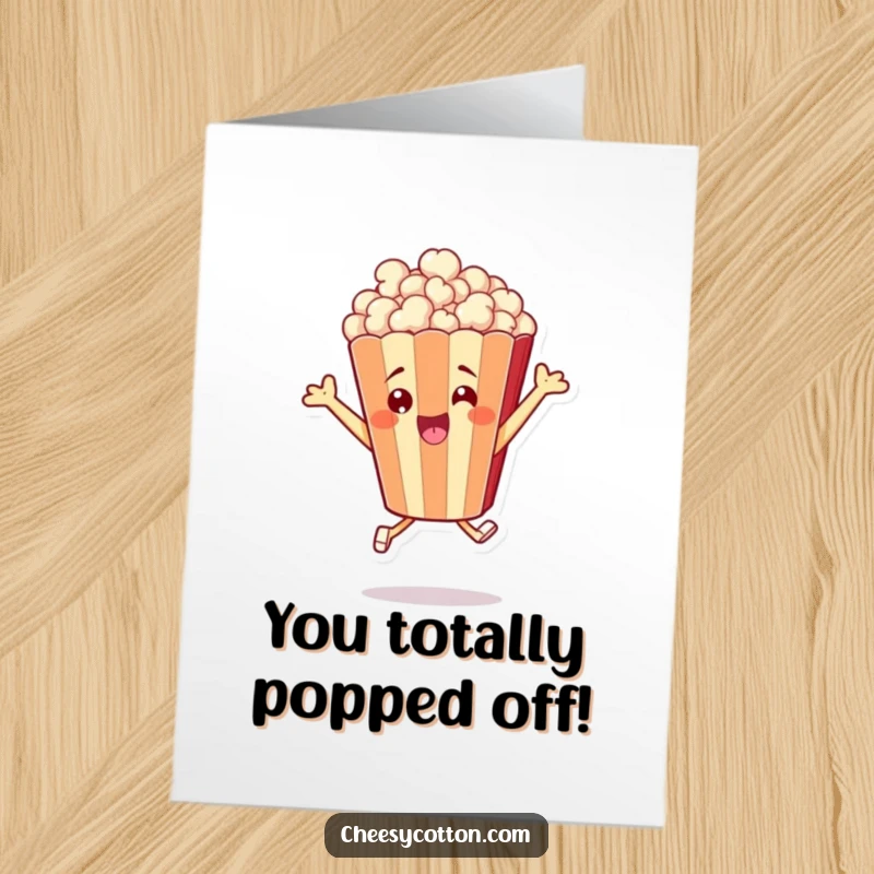 Free Printable Congratulations Card featuring an overjoyed popcorn bag character enthusiastically leaping high in the air.