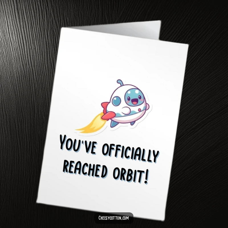 Funny Free Printable Spaceship Congratulations Card showing an excited character leaving a shimmering trail, celebrating an achievement.