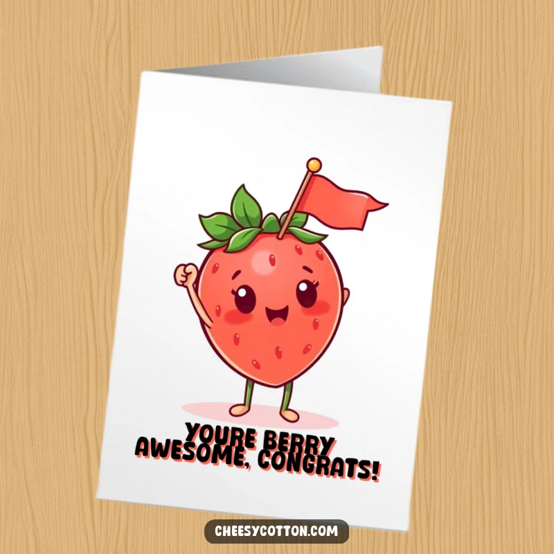 Funny free printable congratulations card featuring a cute strawberry character joyfully waving a tiny flag to celebrate an achievement.