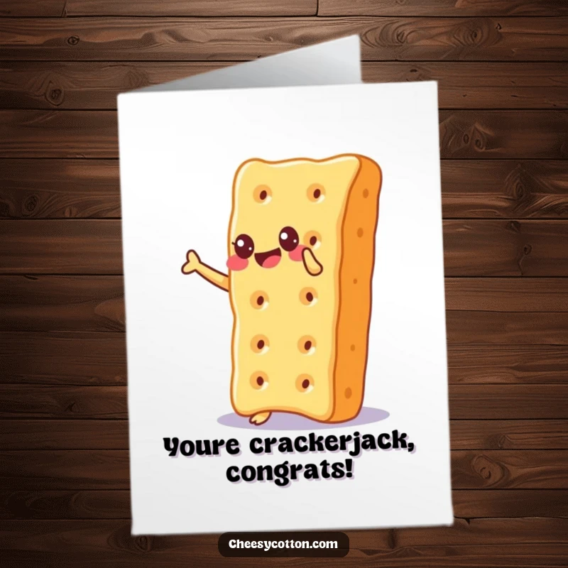 Funny Free Printable Congratulations Card showing a cheesy cracker gleefully balancing on its corner, celebrating a big win.