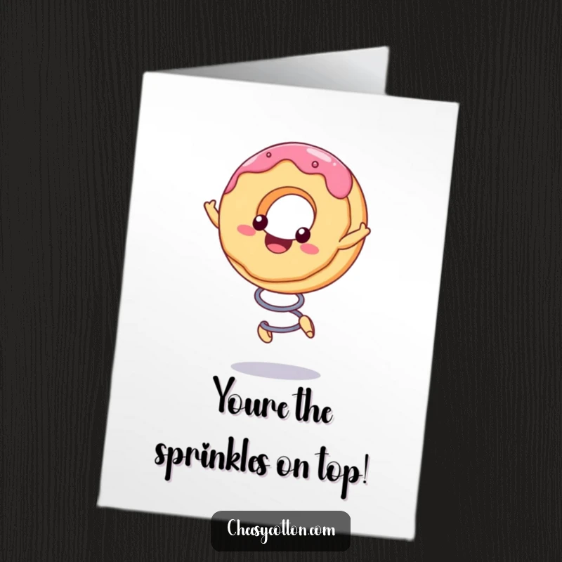 Funny free printable congratulations card showing a happy kawaii donut character bouncing excitedly on a spring, celebrating achievements.