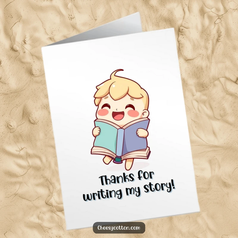 Funny Free Printable Book Thank You Card with a joyful character flipping pages, expressing thanks with a literary touch.
