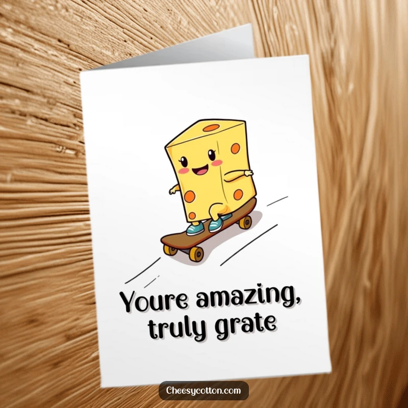 Funny Free Printable Thank You Card: A smiling cheese wedge on a skateboard, giving a thumbs-up with a grateful expression.