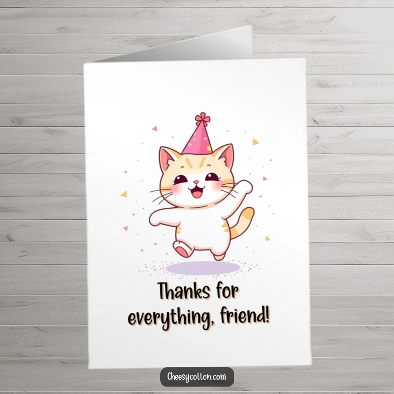 Funny free printable thank you card: a kawaii cat in a party hat joyfully leaps through a shower of glitter.