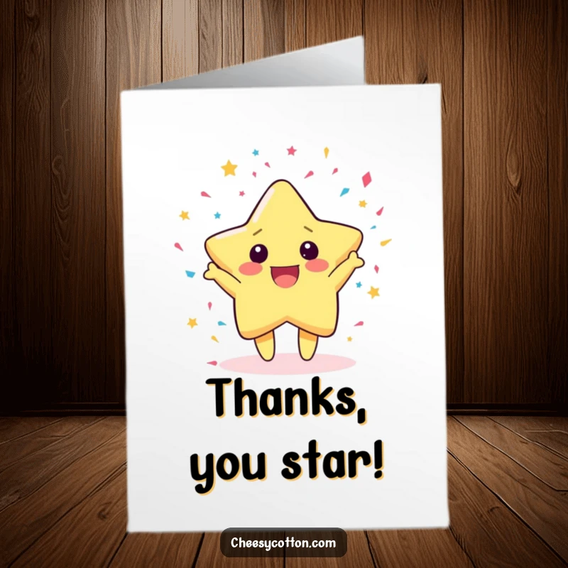 Funny free printable thank you card featuring a kawaii star character gleefully showering confetti as a sign of thanks.