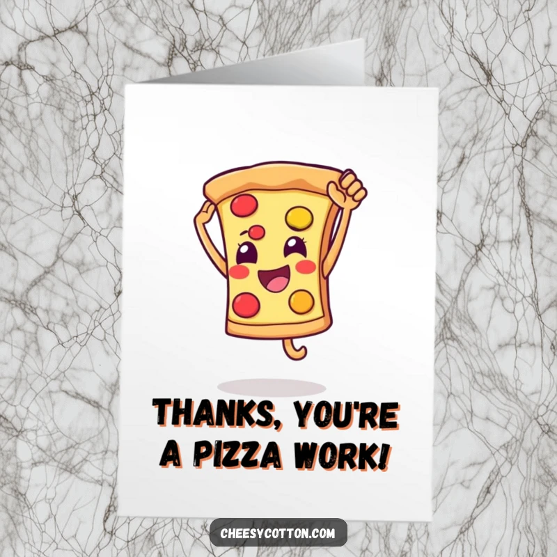 Funny Free Printable thank you card with a smiling pizza slice character leaping to give a high five.