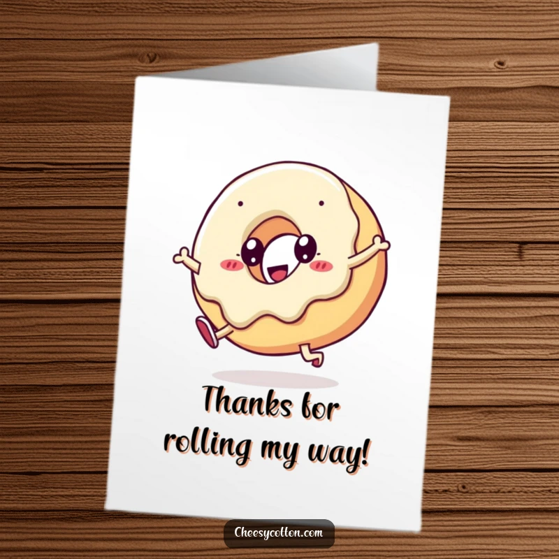 Funny Free Printable Thank You Card: A kawaii doughnut mid-cartwheel, conveying thanks in a delightfully energetic way.