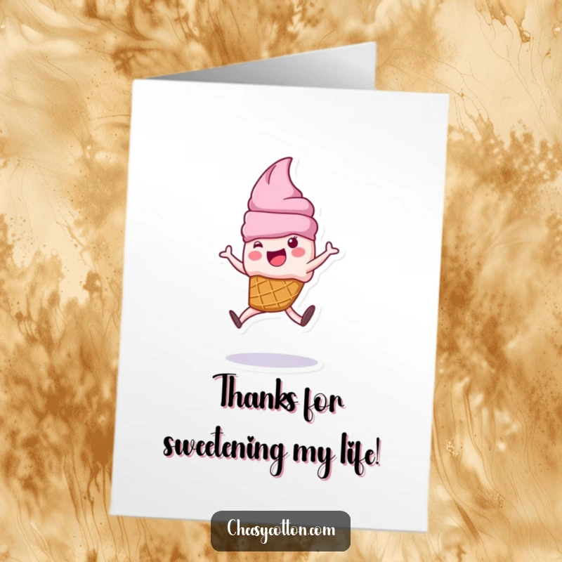 Funny free printable thank you card with a cute ice cream cone character doing a spirited cartwheel, leaving a trail of joy.