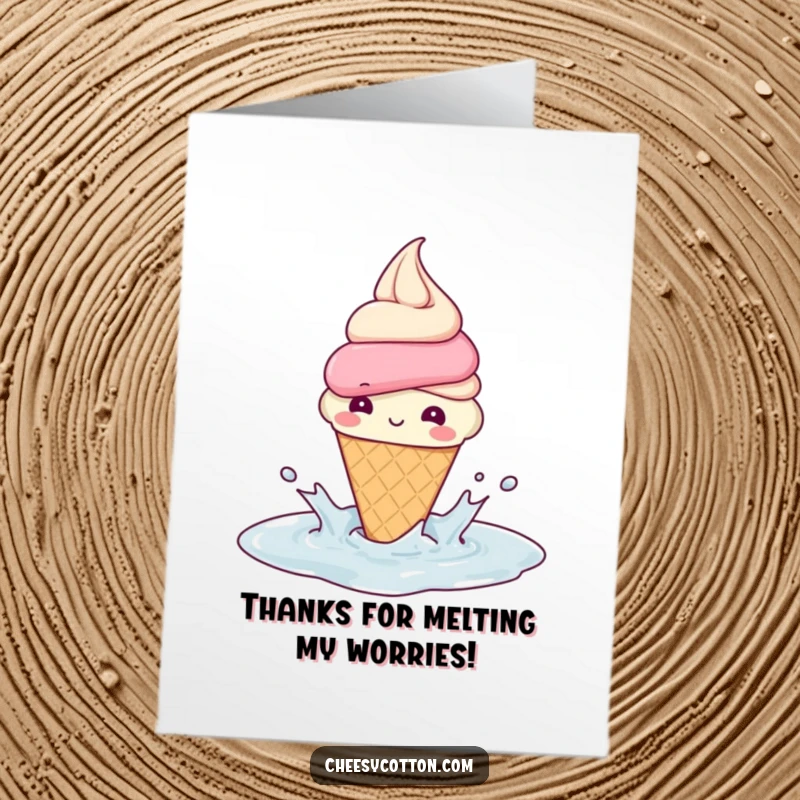 Funny Free Printable Thank You Card: A beaming ice cream cone splashing playfully, conveying warm thanks.