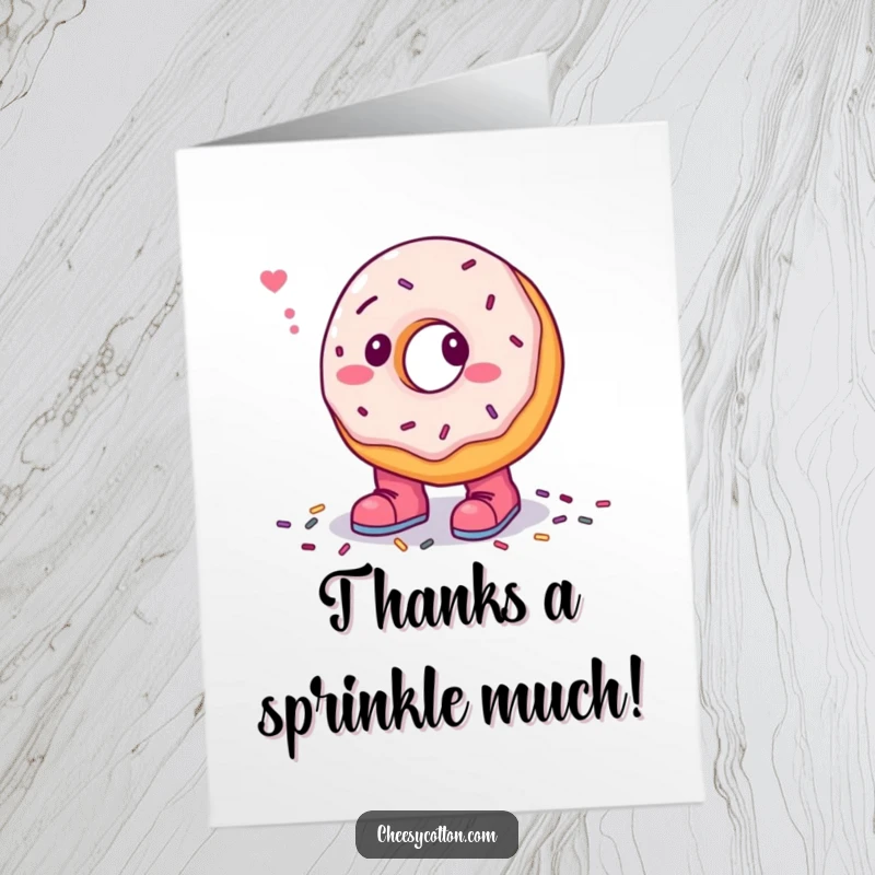 Funny Free Printable Thank You Card: Confused donut character in tiny boots accidentally stepping into a mound of sprinkles.
