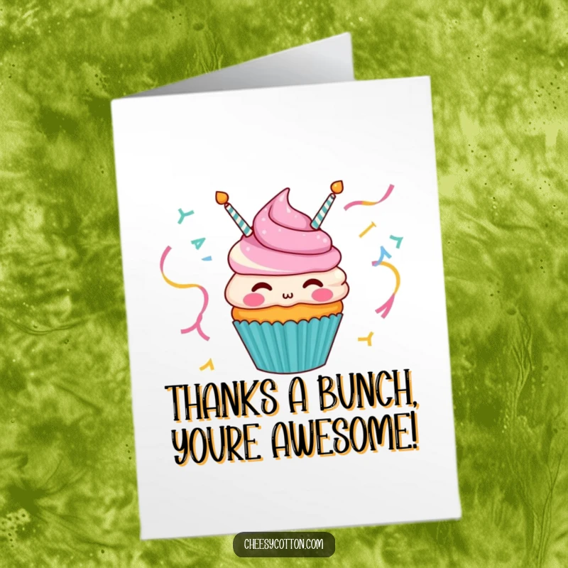 Funny Free Printable Thank You Card: A happy cupcake character blowing streamers, expressing heartfelt thanks with a smile.