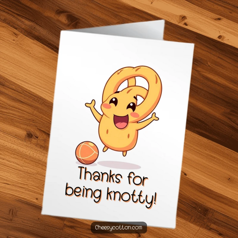 Funny Free Printable Thank You Card: Smiling pretzel character joyfully bouncing a rubber ball, playful thanks.