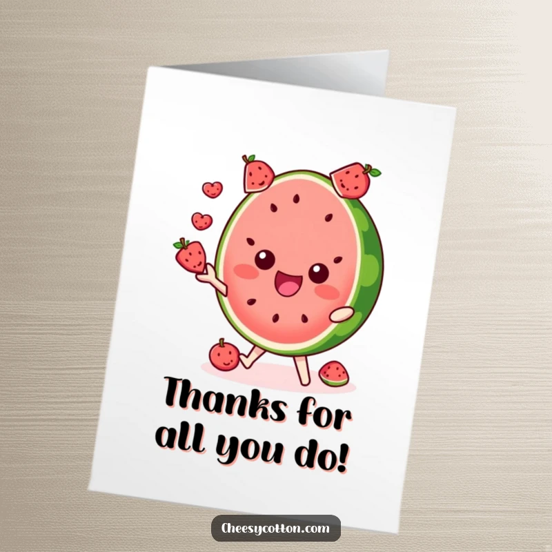Funny Free Printable Thank You Card: A delighted watermelon slice character juggling small fruits, conveying thanks with a joyful, fruity flair.