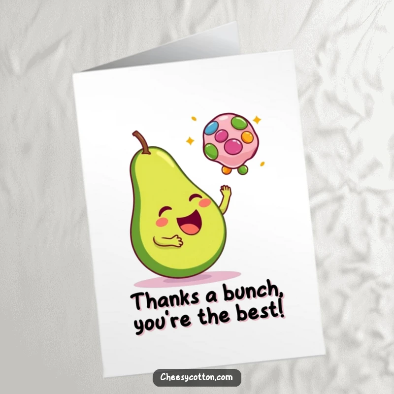 Funny Free Printable Thank You Card: A happy avocado joyfully tosses a colorful bean bag, expressing thanks.