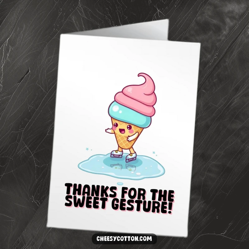 Funny Free Printable Thank You Card: Playful ice cream cone character attempting to ice skate on a puddle.