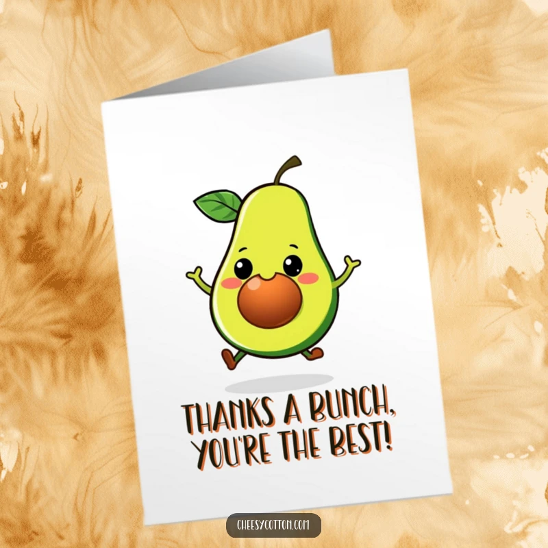 Funny Free Printable Thank You Card: A kawaii avocado with a big grin doing a playful hop to say thanks.