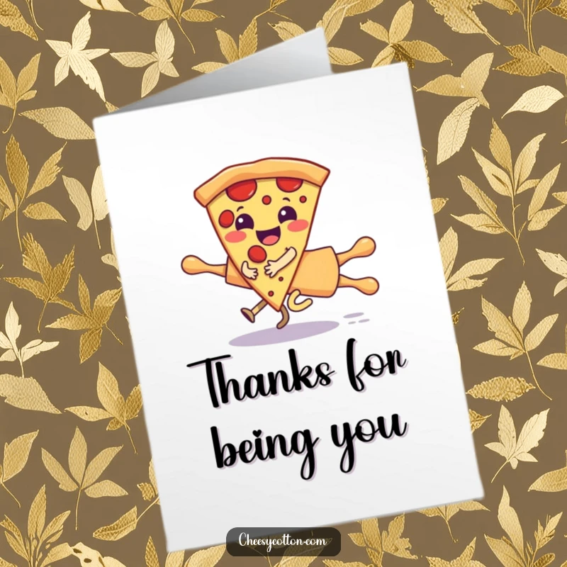 Funny Free Printable Thank You Card: Giggling pizza slice character barreling down on a runaway rolling pin.