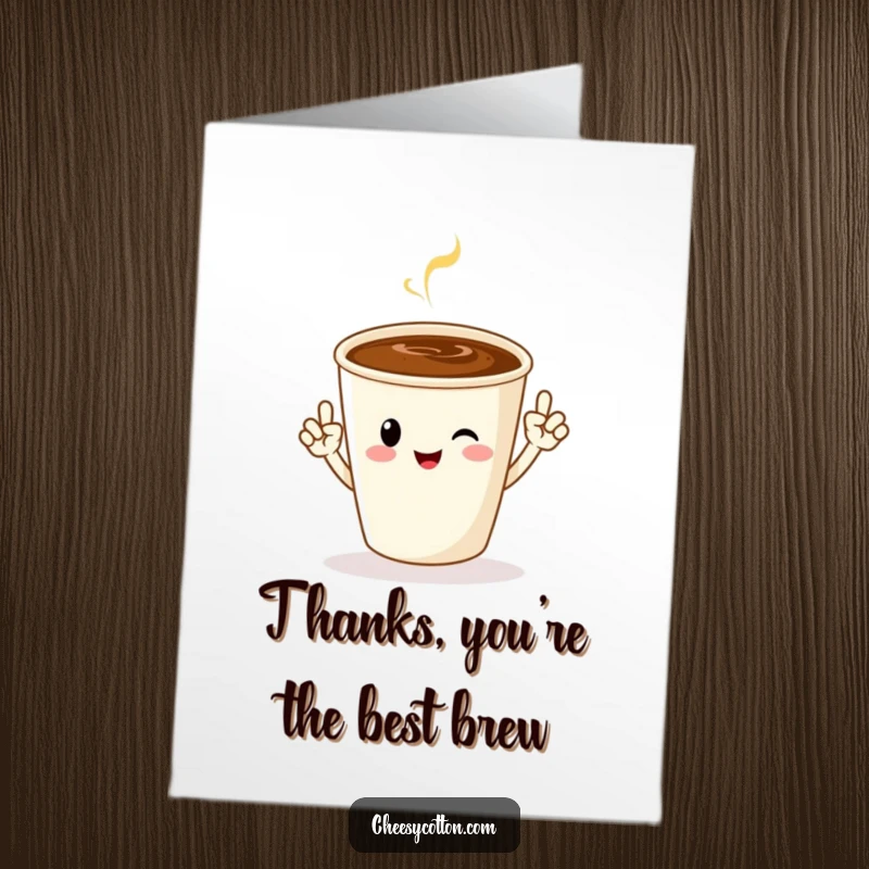 Funny Free Printable Thank You Card: A cheerful coffee cup character does jazz hands, conveying enthusiastic thanks.