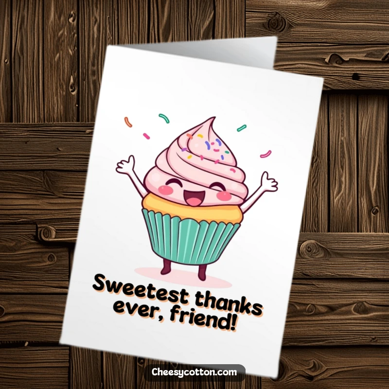 Funny Free Printable Thank You Card with a happy cupcake dancing exuberantly, sprinkles flying, conveying thanks with sweet and playful energy.