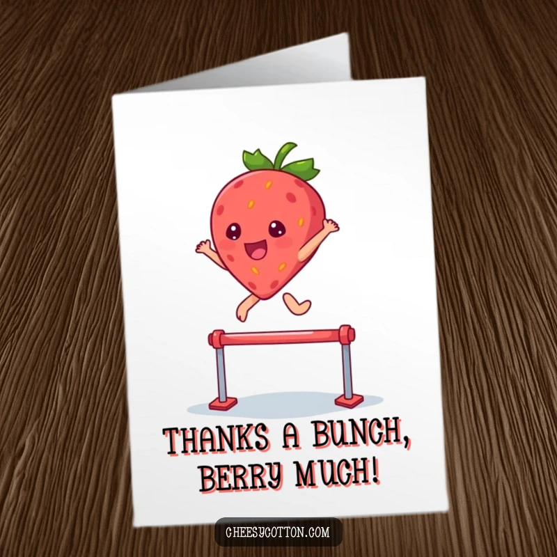 Funny Free Printable Thank You Card: A kawaii strawberry character leaping over a small hurdle, conveying thankful joy.
