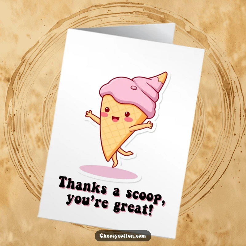 Funny Free Printable thank you card featuring a cute ice cream cone character mid-cartwheel with a smile.