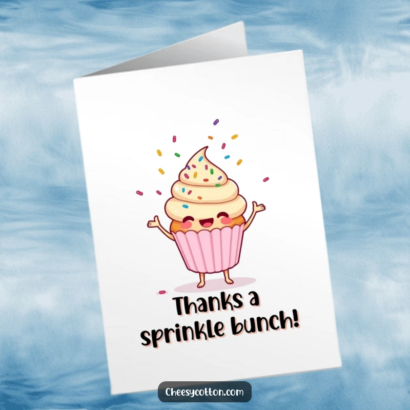 Funny free printable thank you card depicting a cheerful cupcake character masterfully juggling a vibrant explosion of tiny colorful sprinkles.