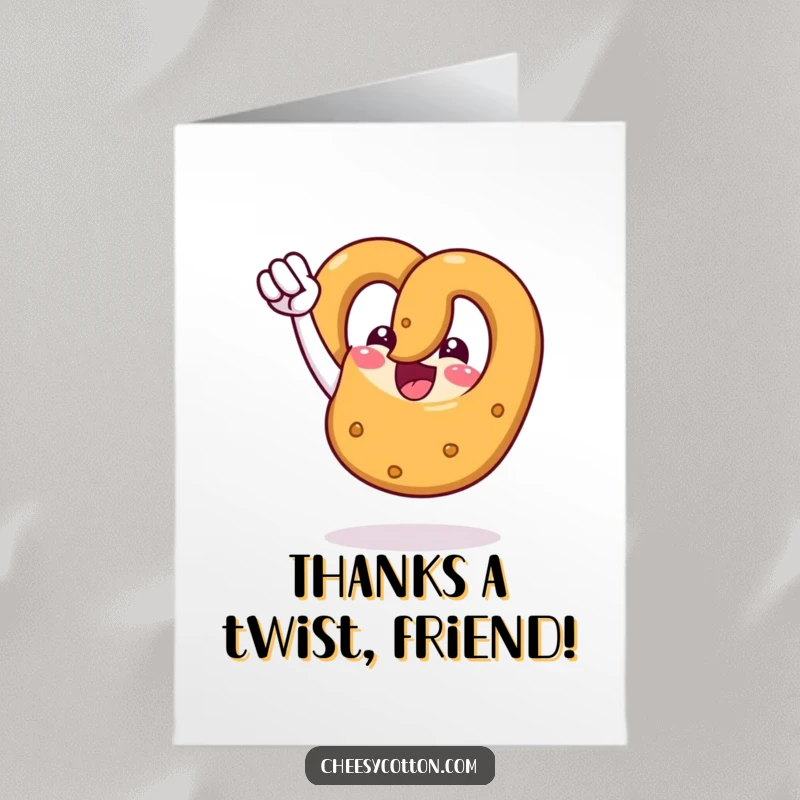 Funny Free Printable Thank You Card with a happy pretzel doing a triumphant fist pump, conveying thanks with a humorous and energetic flair.