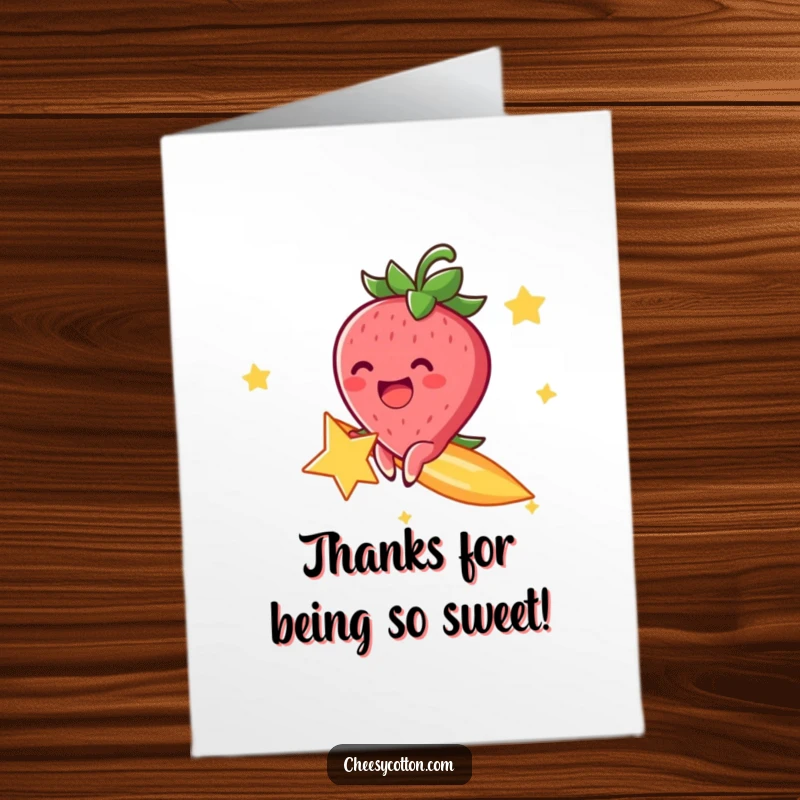 Funny free printable thank you card: a cheerful strawberry character excitedly rides a shooting star through the night sky.