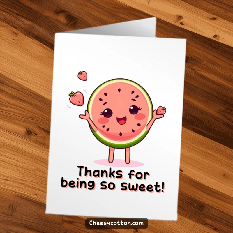 Funny Free Printable Thank You Card: A watermelon slice character skillfully juggling small fruits, conveying thanks with a smile.