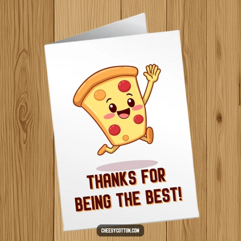 Funny free printable thank you card with a smiling pizza slice character leaping to give a celebratory high five.