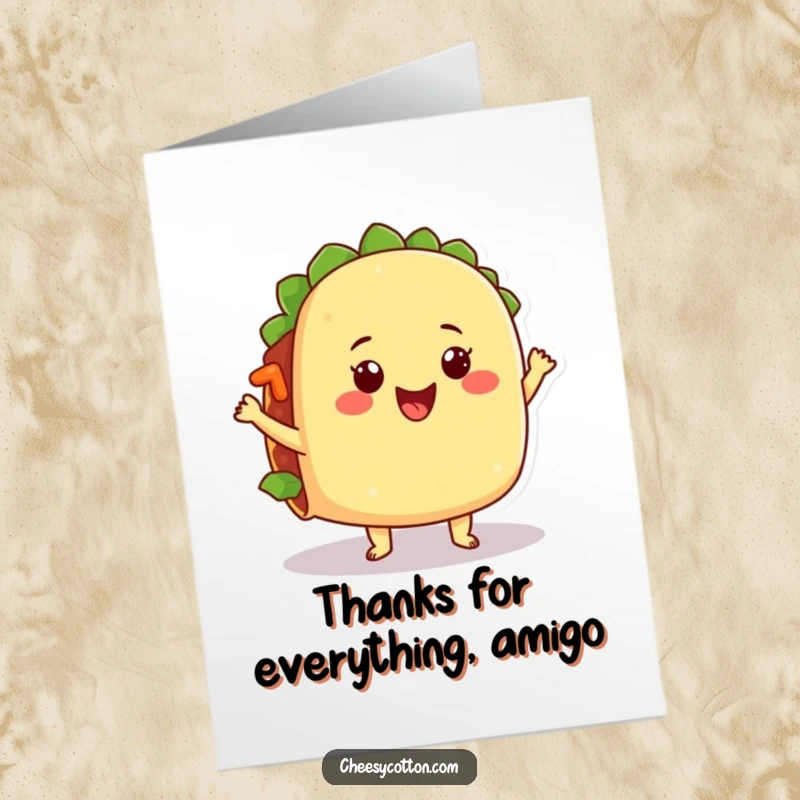 Funny Free Printable Thank You Card: A happy taco doing a hilarious dance, showing gratitude with jiggling fillings.