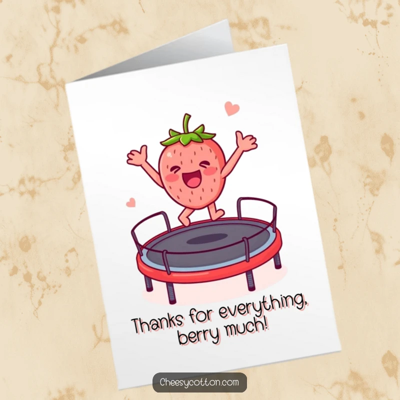 Funny Free Printable Thank You Card: A strawberry character energetically jumping on a trampoline, conveying thanks.