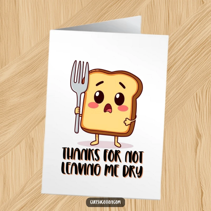 Funny Free Printable Thank You Card: A surprised toast character holding a giant fork, expressing thanks with wide eyes.