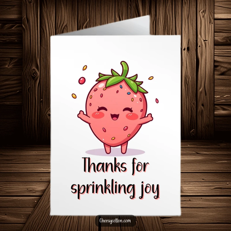Funny Free Printable Thank You Card: A blushing strawberry character juggling colorful sprinkles as a thank you.