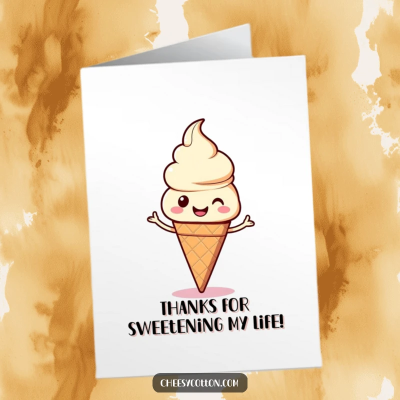 Funny Free Printable Thank You Card: A kawaii ice cream cone joyfully doing a silly dance, expressing thanks with a smile.