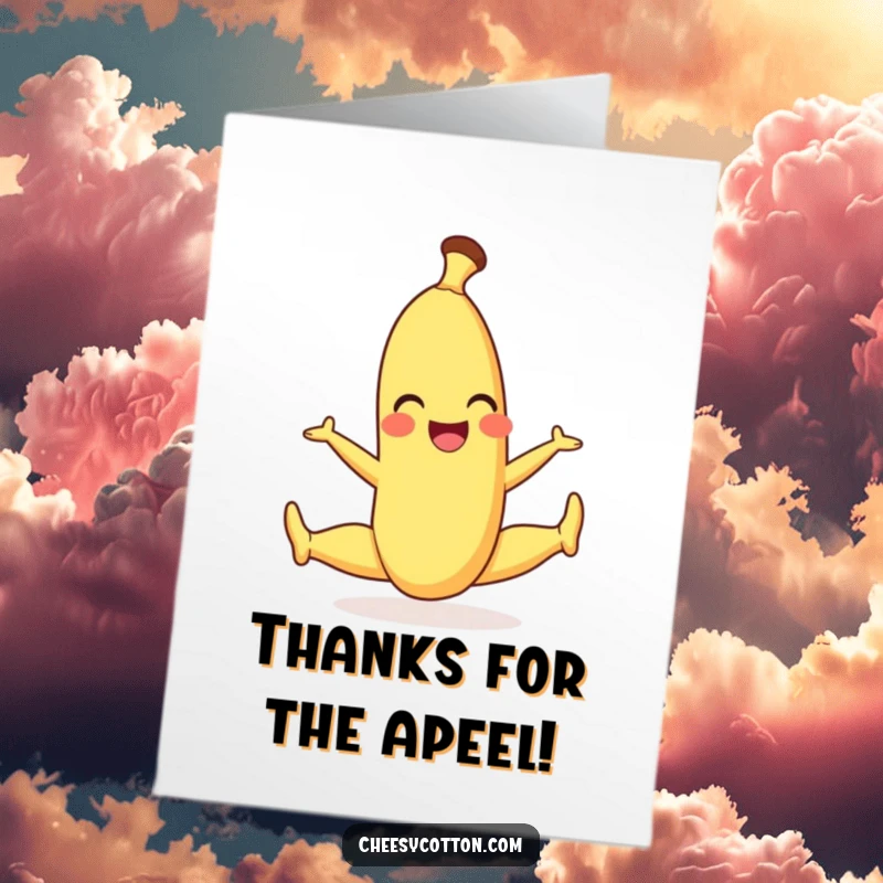 Funny Free Printable Thank You Card: A smiling banana character demonstrating a flexible split, conveying thanks with a playful attitude.