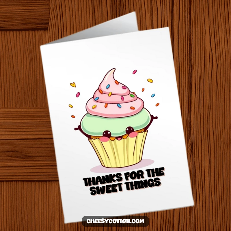 Funny Free Printable Thank You Card: Cheerful cupcake happily juggling colorful sprinkles, a sweet thank you.