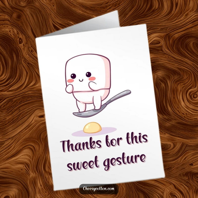 Funny Free Printable Thank You Card: Bouncy marshmallow character barely balanced on a small spoon, a sweet thanks.