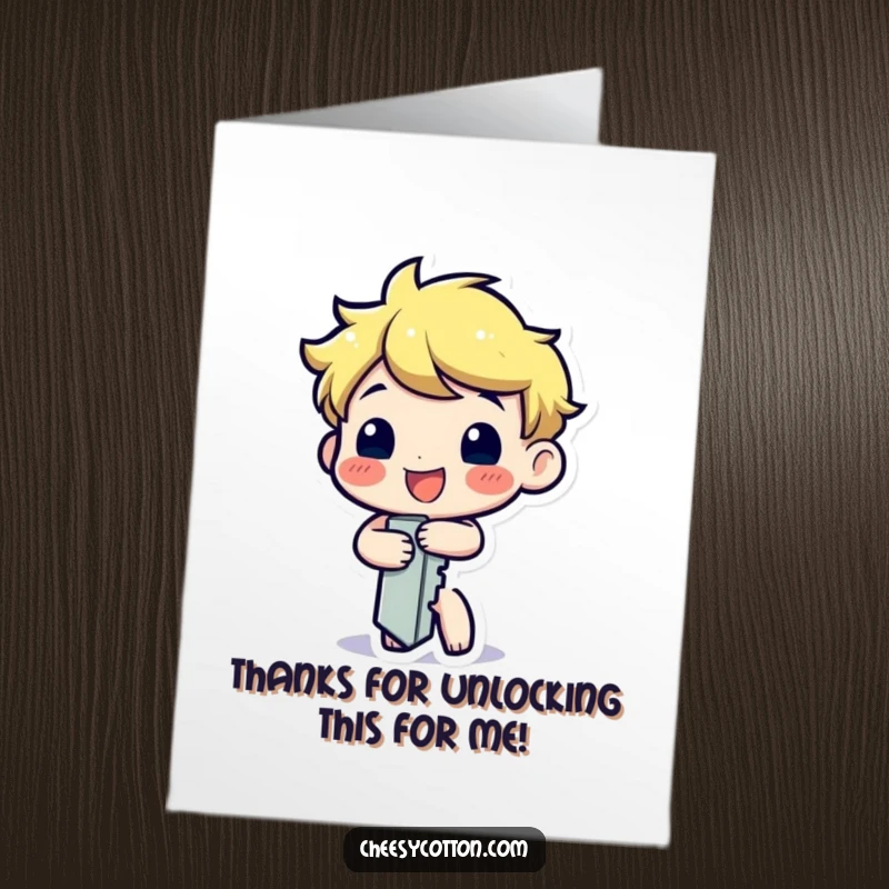 Funny Free Printable Key Thank You Card with a happy character turning itself, symbolizing gratitude for their help.